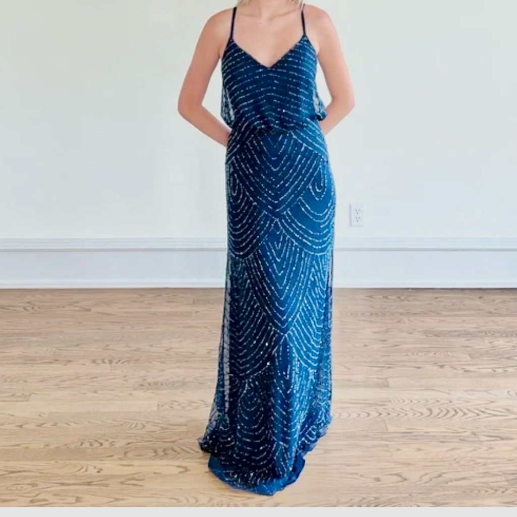 Adrianna Papell Blue Sequin Sleeveless Gown